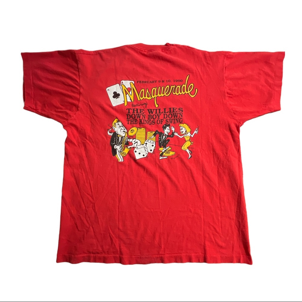 Vintage 90s 1990 Masquerade Club Swing Dancing Art Pocket Tee Shirt Size XL Red
